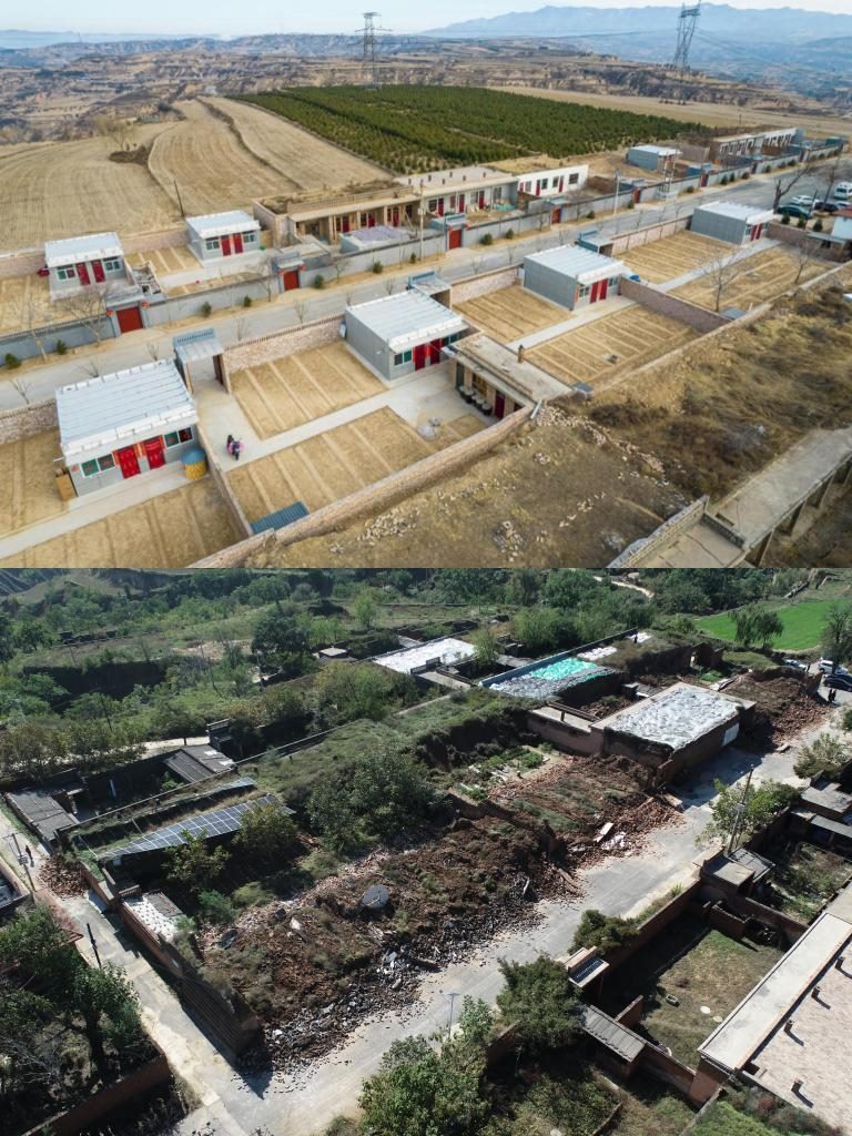 拼版照片，上圖是2022年1月山西省霍州市師莊鄉(xiāng)馮南垣村災(zāi)后恢復(fù)重建后的場景，下圖是2021年10月村莊因災(zāi)受損的場景。(霍州市委宣傳部供圖)