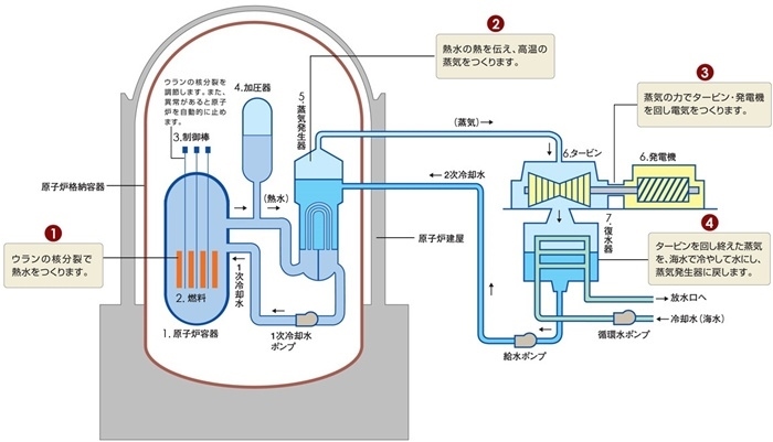 核電站運(yùn)作原理圖。通常的核電站排水未直接接觸核燃料。（圖片來源：日本北海道電力株式會(huì)社網(wǎng)站）