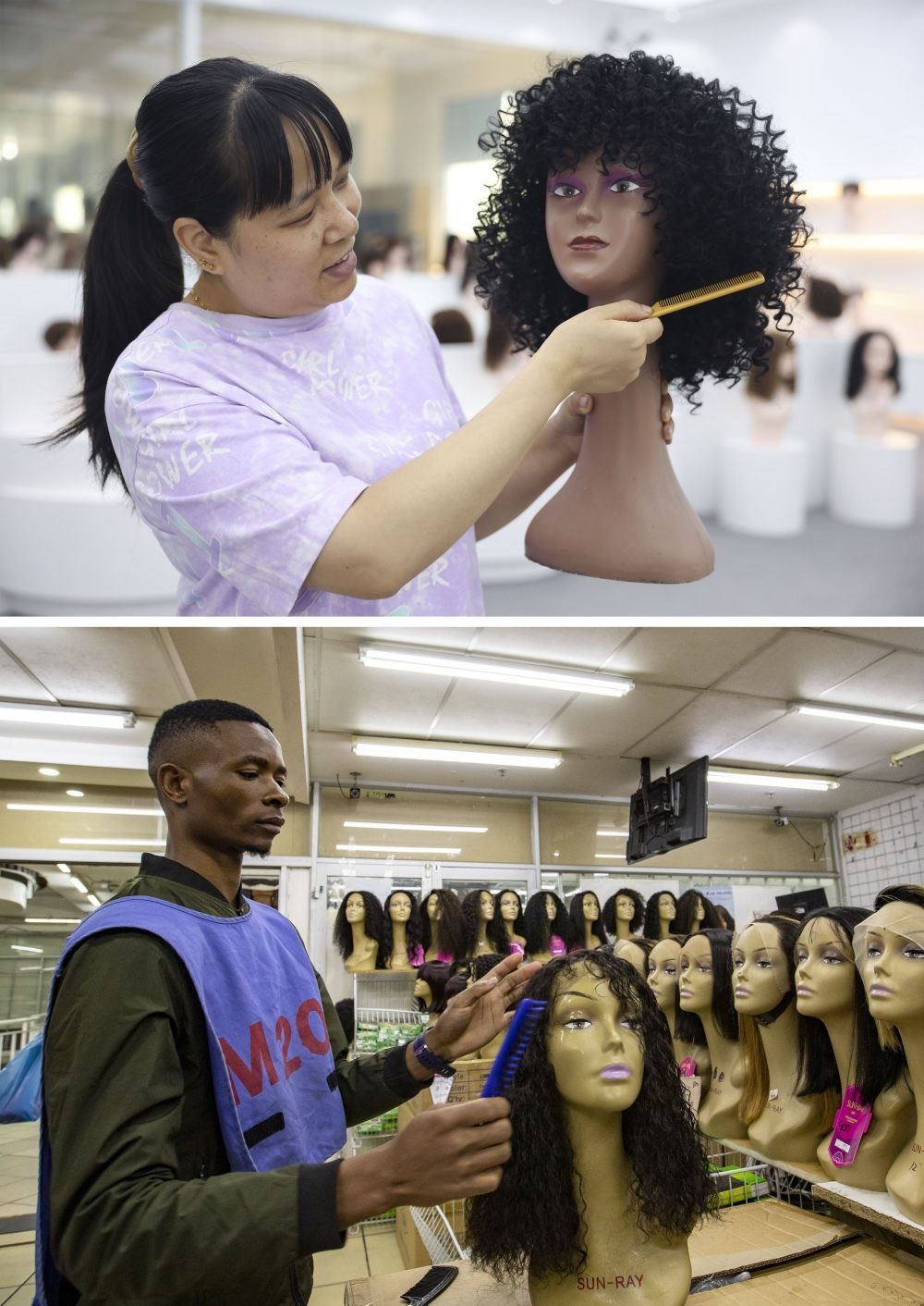 拼版照片：上圖為2023年5月25日，工人在湖南邵陽陽光發(fā)品有限公司展廳展示假發(fā)（新華社記者薛宇舸攝）；下圖為2023年6月9日，一名店員在湖南邵陽陽光發(fā)品有限公司位于南非約翰內(nèi)斯堡的店鋪內(nèi)展示假發(fā)（新華社記者張譽(yù)東攝）。新華社發(fā)