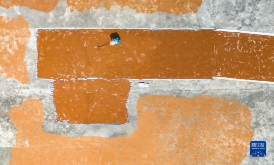 9月16日，農(nóng)民在貴州省安順市西秀區(qū)大西橋鎮(zhèn)吉昌村晾曬高粱（無人機照片）。