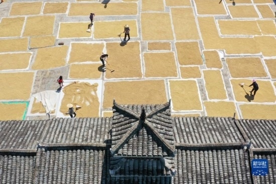 9月16日，村民在貴州省黔東南苗族侗族自治州從江縣剛邊壯族鄉(xiāng)三聯(lián)村晾曬稻谷（無人機照片）。