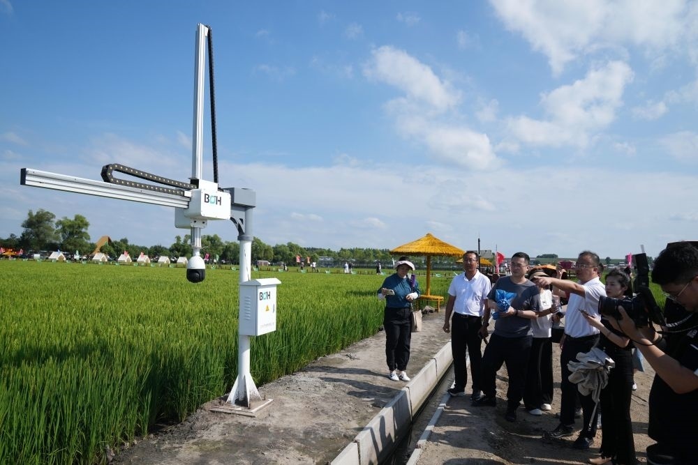 在北大荒集團(tuán)閆家崗農(nóng)場有限公司農(nóng)業(yè)現(xiàn)代化示范區(qū)，工作人員在介紹利用數(shù)字技術(shù)的葉齡診斷儀（2023年8月10日攝）。新華社記者 王建威 攝