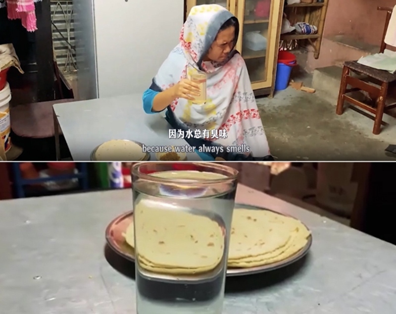 圖為紀實短片截圖：上圖為水質(zhì)未改善前，飲用水發(fā)黃渾濁；下圖為水廠建成后，飲用水水質(zhì)明顯改善，清澈透明。