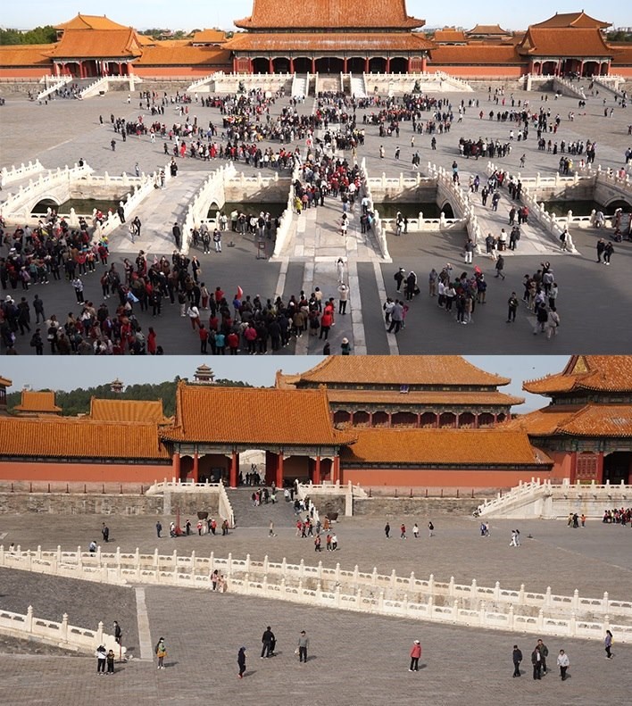 上午9時和下午13時的太和門廣場客流對比。故宮博物院供圖