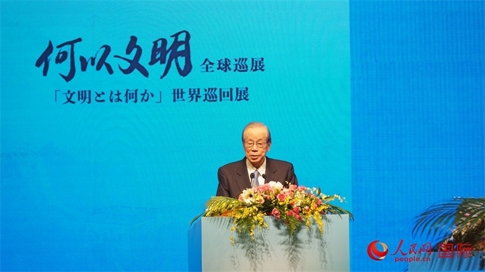 日本前首相福田康夫致辭。人民網(wǎng) 蔣曉辰攝