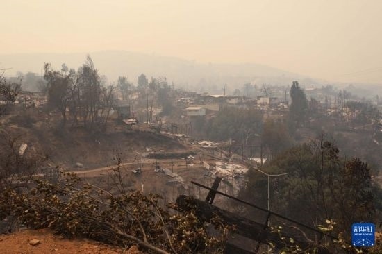 這是2月3日在智利瓦爾帕萊索大區(qū)比尼亞德爾馬市拍攝的在森林火災(zāi)中燒毀的房屋。新華社發(fā)