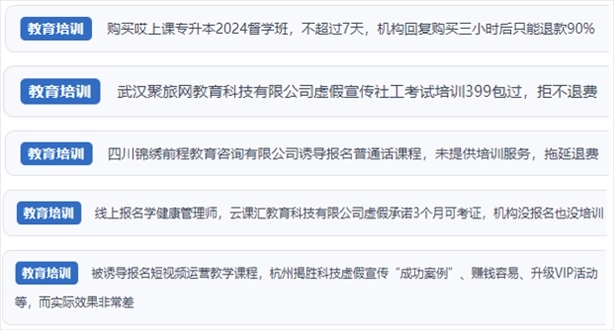 “人民投訴”用戶舉報(bào)機(jī)構(gòu)虛假宣傳包過包拿證、虛假承諾收益效果、課程服務(wù)貨不對板、退款難等在線教培亂象。（“人民投訴”平臺截圖）