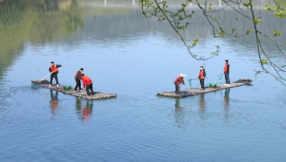 浙江省臺(tái)州市仙居縣步路鄉(xiāng)黨員志愿者與河長(zhǎng)一起在永安溪巡河護(hù)水，清理雜物垃圾（2024年3月20日攝）。新華社發(fā)（王華斌攝）