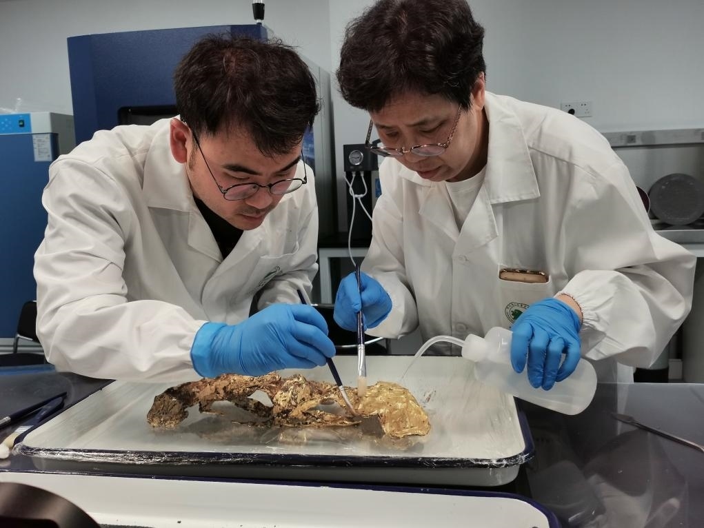 2023年7月，馬燕如（右）帶著魯海子（左）修復(fù)三星堆遺址出土的黃金面具。新華社發(fā)（四川省文物考古研究院供圖）