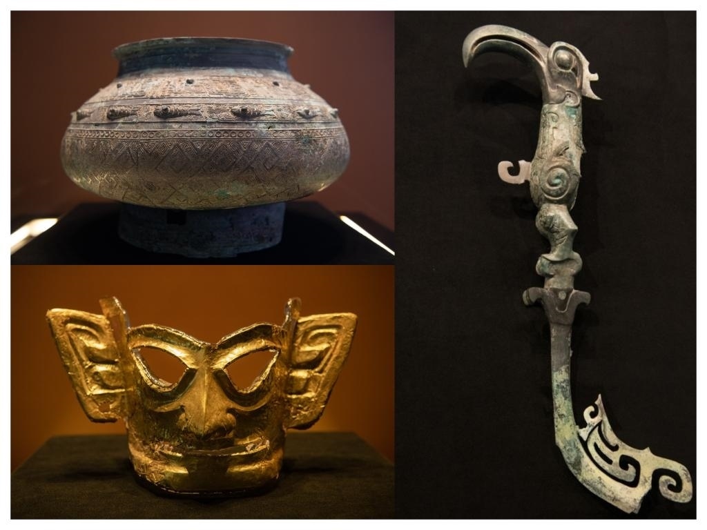拼版照片：左上圖為青銅瓿，左下圖為黃金面具，右圖為青銅樹枝。新華社記者唐文豪 攝