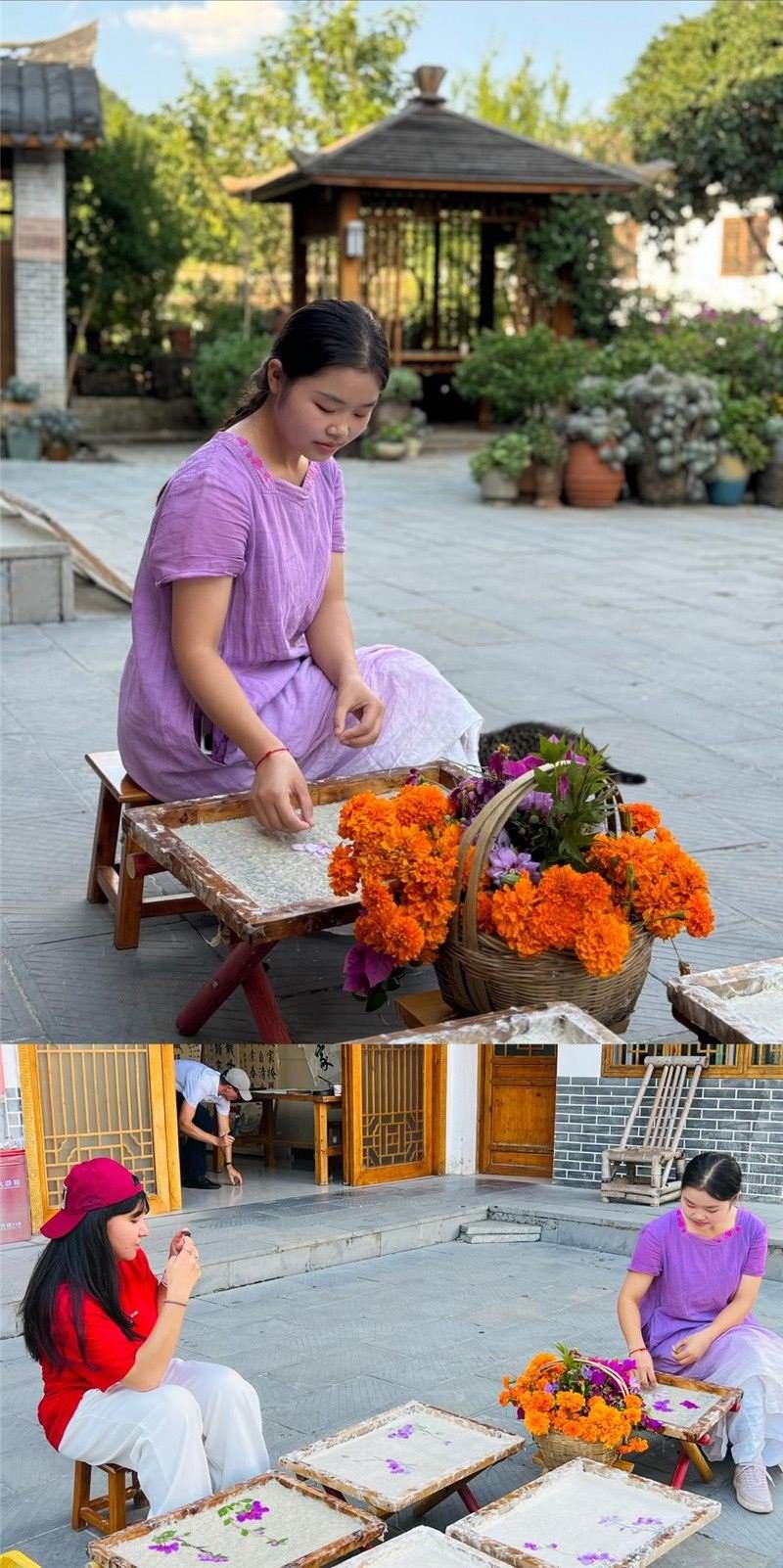 沒有女生不愛花。以古法造紙技藝為基礎(chǔ)，再輔以花草枝葉勾勒各式圖案，創(chuàng)作出花茂村獨具特色的紙漿壓花畫，少女手中的花是她眼中的風(fēng)景，而她與正在制作的紙漿壓花畫也是別人眼中的風(fēng)景。（哈薩克斯坦BAQ通訊社高級記者古爾詹·拉曼庫洛娃、張亞欣攝）