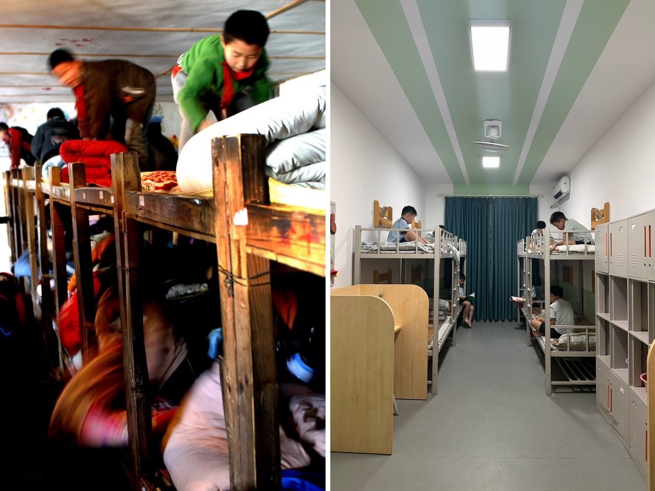 縉云縣東渡鎮(zhèn)長(zhǎng)坑小學(xué)2005年以前的學(xué)生宿舍（左），以及現(xiàn)在的學(xué)生宿舍（右） 學(xué)校供圖