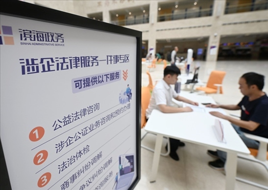 在天津?yàn)I海新區(qū)政務(wù)服務(wù)中心，工作人員在“涉企法律服務(wù)一件事”專區(qū)為市民提供服務(wù)（2024年7月31日攝）。新華社記者 趙子碩 攝