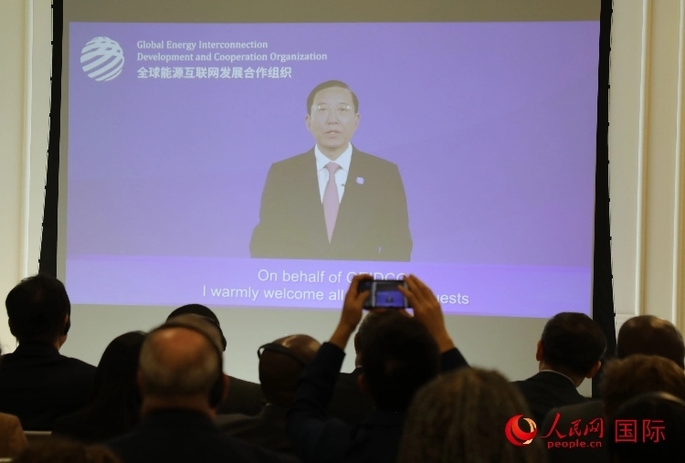 全球能源互聯(lián)網(wǎng)發(fā)展合作組織主席、中國電力企業(yè)聯(lián)合會理事長辛保安通過視頻方式致辭。人民網(wǎng)記者 李志偉攝