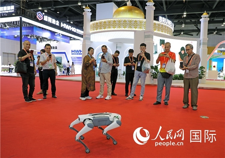 東博會上，觀眾正在參觀一只機(jī)器狗。綠色能源、新能源汽車、綠色農(nóng)產(chǎn)品等成為本屆東博會觀眾關(guān)注的焦點。人民網(wǎng)記者 趙益普攝