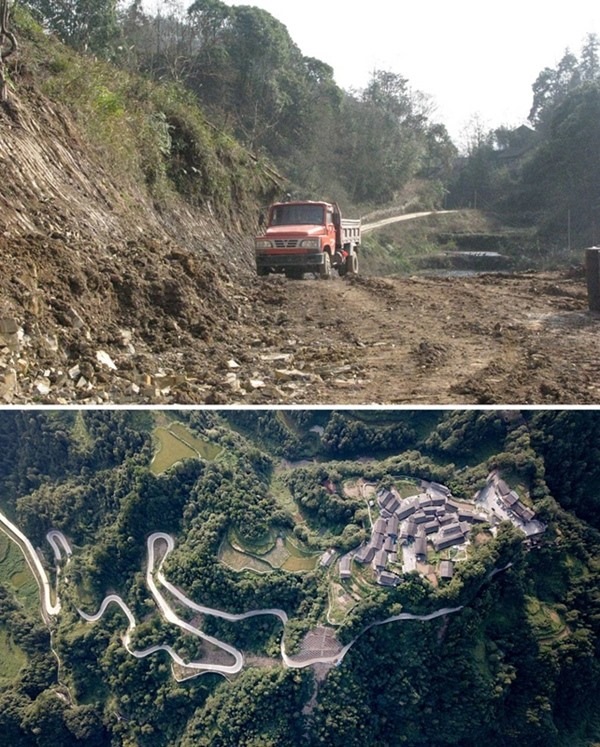 拼版照片：上圖為2011年12月拍攝的湖南省湘西土家族苗族自治州花垣縣十八洞村進村道路；下圖為2019年9月拍攝的十八洞村及進村道路。