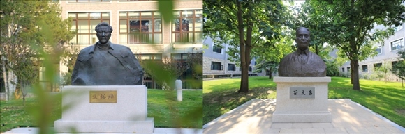 拼版照片：左圖為中央黨校（國家行政學院）校園內的焦裕祿雕塑；右圖為中央黨校（國家行政學院）校園內的谷文昌雕塑。