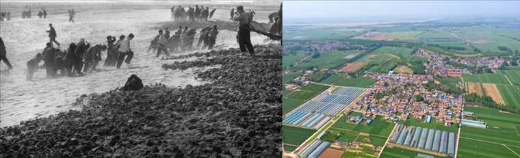 拼版照片：左圖為蘭考群眾在拉淤土壓沙（新華社記者 鄧歷耕 攝）；右圖為2024年4月25日拍攝的蘭考縣張莊村（無人機照片，新華社記者 郝源 攝）。