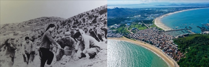 拼版照片：左圖為東山縣群眾在荒山上種植樹苗（資料照片）；右圖為2020年6月18日拍攝的東山縣陳城鎮(zhèn)澳角村附近風光（無人機照片，新華社記者 姜克紅 攝）。