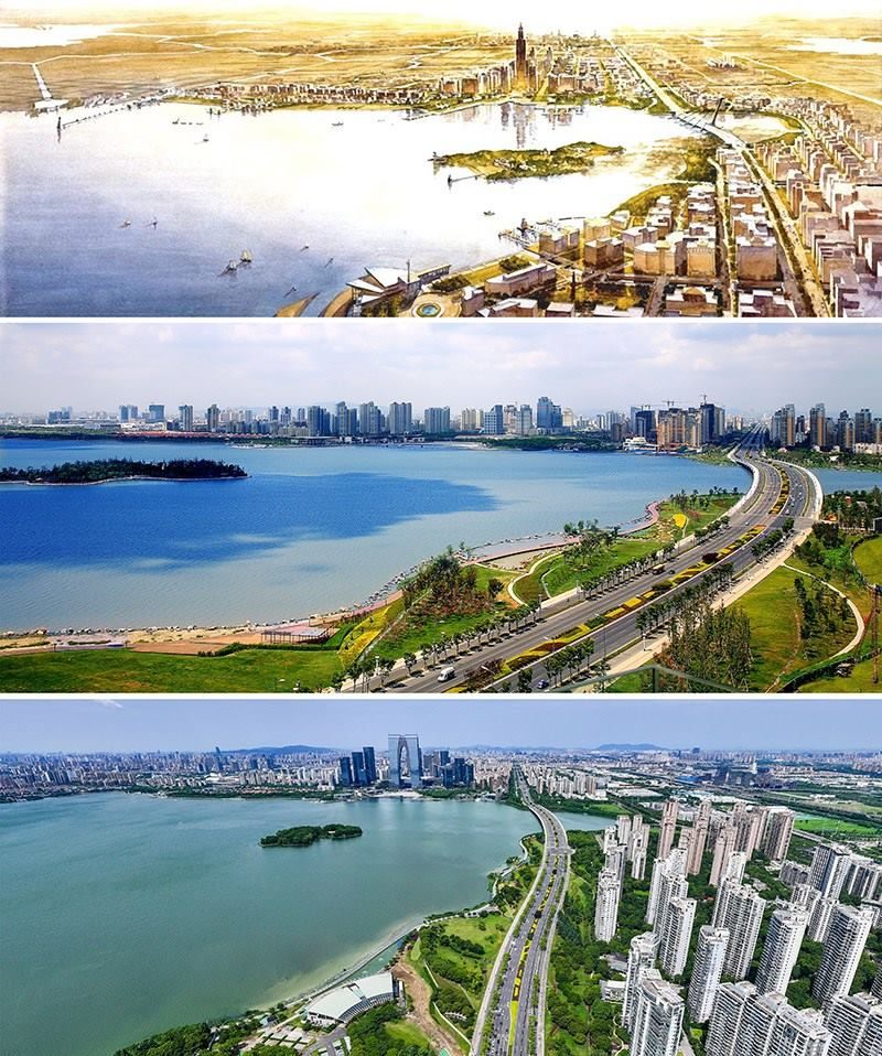 拼版照片：上圖為1994年繪制的蘇州工業(yè)園區(qū)手繪規(guī)劃圖；中圖為2007年拍攝的蘇州工業(yè)園區(qū)；下圖為2023年7月4日用無(wú)人機(jī)拍攝的蘇州工業(yè)園區(qū)。