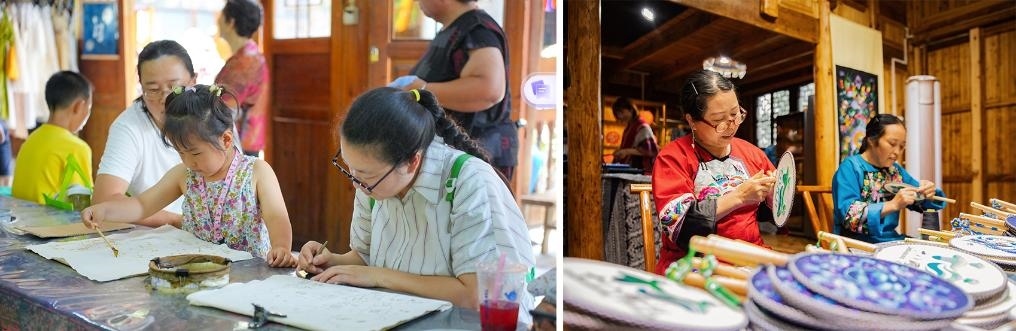 左圖：近期，游客在黎平縣肇興侗寨體驗(yàn)非遺蠟染藝術(shù)（黎平縣委宣傳部供圖）；右圖：這是2024年拍攝的繡娘在十八洞村梨子寨苗繡鄉(xiāng)村振興示范基地制作苗繡產(chǎn)品（湘西州委宣傳部供圖）。